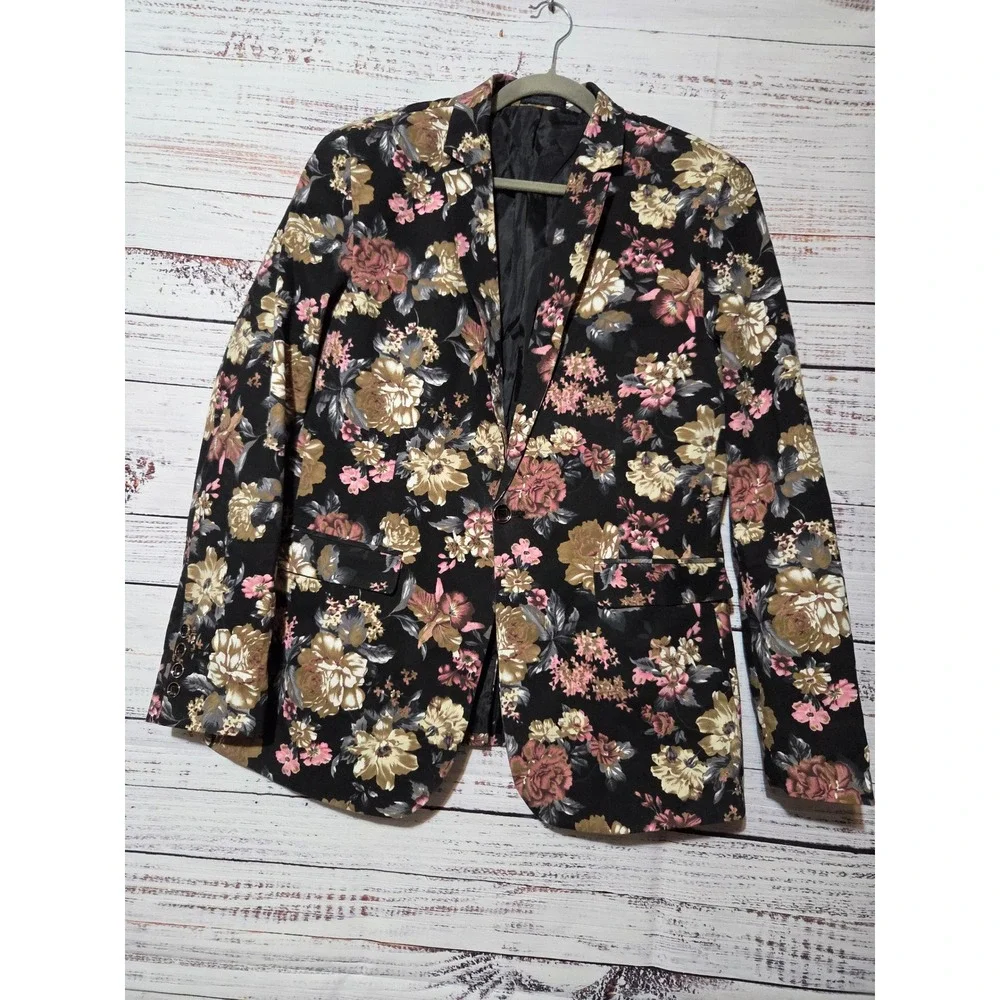 Mens Floral Print Blazer Black Pink Tan Single Button Sport Coat Jacket